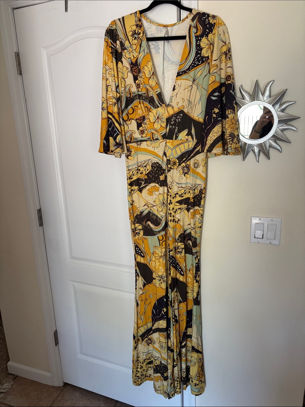 Free People Ladies Yellow Floral Black Print Boho Jumpsuit-S